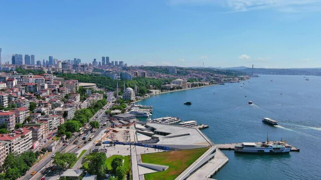 Istanbul, Turkey: Aerial view of famous Turkish city straddling Bosphorus Strait, summer day with clear blue sky - landscape panorama of Europe / Asia from above

