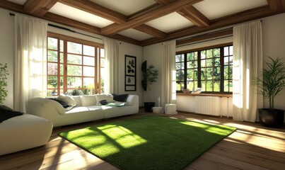 Fototapeta premium Sunlit, modern living room with wooden beams, white furniture, green carpet, and large windows.