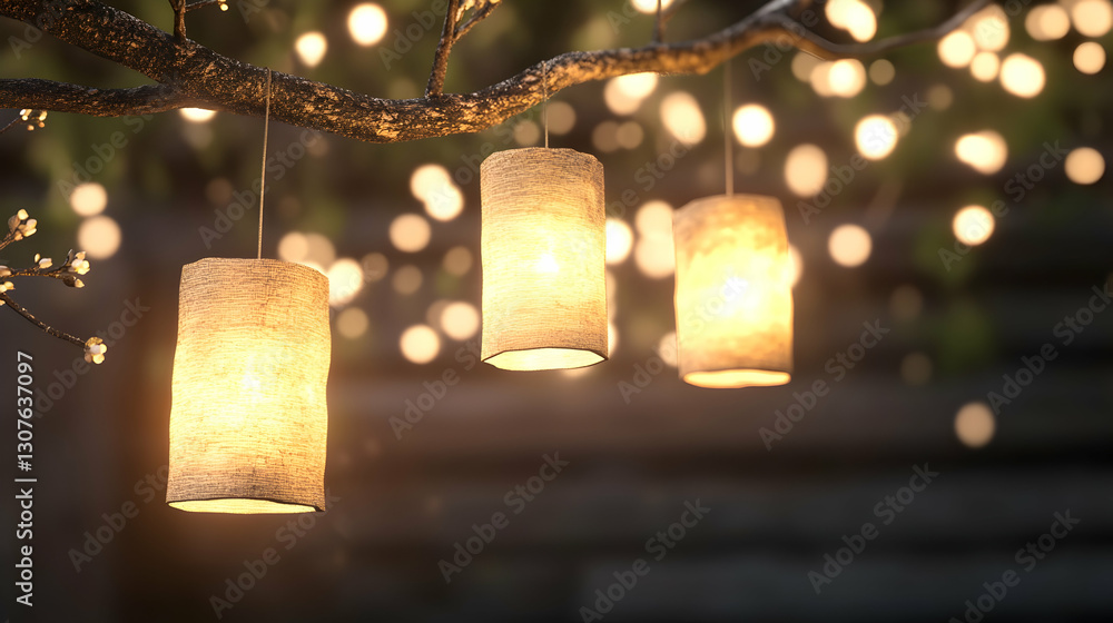 Poster illuminated paper lanterns hang from a tree branch at night, creating a warm ambiance in a garden se
