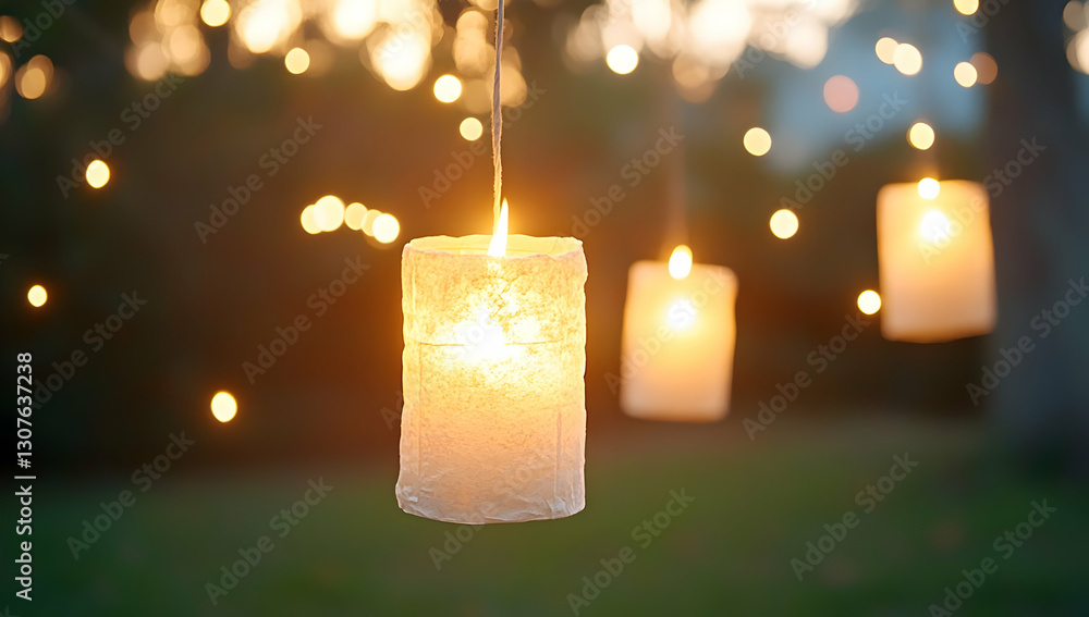 Poster illuminated paper lanterns hanging from tree branches at dusk in a garden, creating a warm and roman