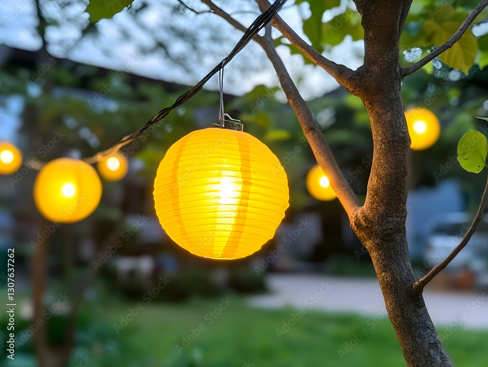 Aufkleber illuminated paper lanterns hanging from tree branches at dusk in a garden setting, creating a warm a