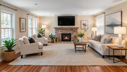 Fototapeta premium Cozy living room with fireplace and modern furnishings