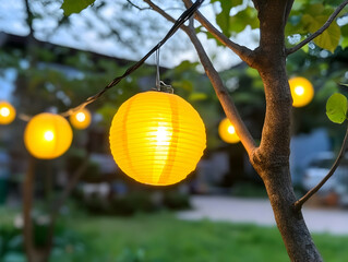 Illuminated paper lanterns hanging from tree branches at dusk in a garden setting, creating a warm and inviting ambiance, ideal for events or relaxation