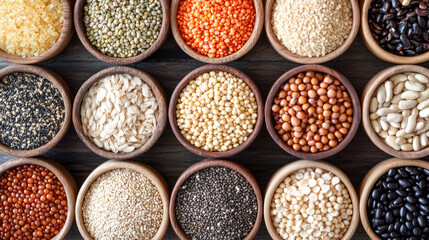 Assortment of various beans and grains in wooden bowls displayed on table
