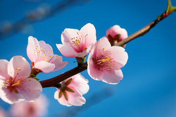 Fiori rosa di pesco in primo piano sul ramo si stagliano sul cielo azzurro