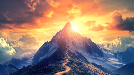 Majestic mountain peak at sunrise with dramatic sky and vibrant colors