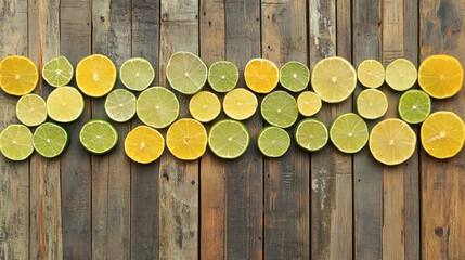 Sliced citrus fruit arrangement on rustic wooden background
