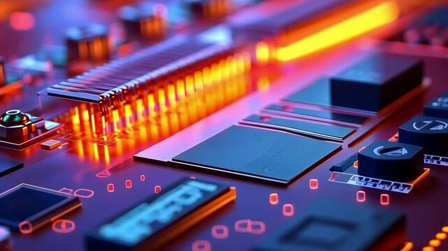 Illuminated circuit board with glowing components highlights cutting edge technology and innovation in electronics. The vibrant lights emphasize the intricate design and engineering precision