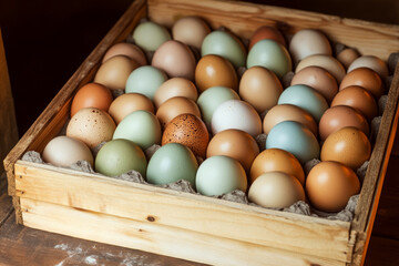 A wooden crate holds multicolored eggs in a natural setting. Concept of variety and natural produce. For food photography or rustic design.