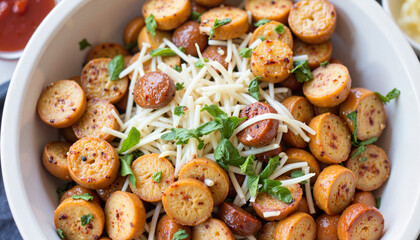 Sliced sausage with cheese and herbs in a white bowl