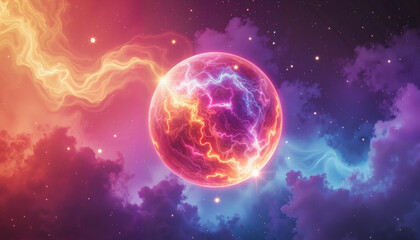 Fototapeta premium Colorful cosmic planet with lightning in vibrant nebula