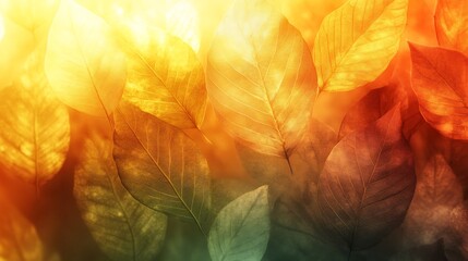 Warm autumn leaves glow brightly backlit by soft sunlight. AI Generated