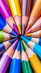 Colorful pencils arranged in a circle on a dark background; ideal for education or art supplies marketing