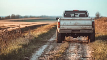 Fototapeta premium White pickup truck on rural dirt road in serene countryside landscape at sunset