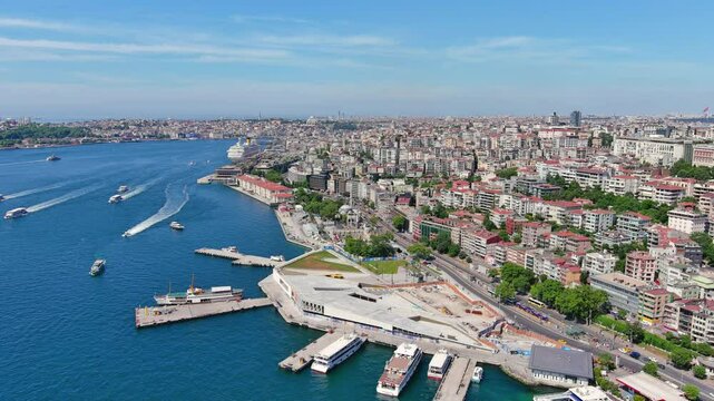 Istanbul, Turkey: Aerial view of famous Turkish city straddling Bosphorus Strait, summer day with clear blue sky - landscape panorama of Europe / Asia from above
