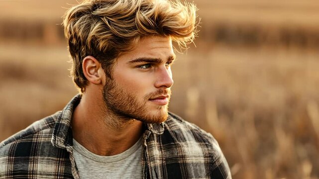 Young man observing a golden sunset in a field, showcasing nature's beauty and tranquility