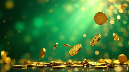 Abstract background in green, yellow and blue tones on the theme - Winning at the casino. Flying gold coins and fireworks.