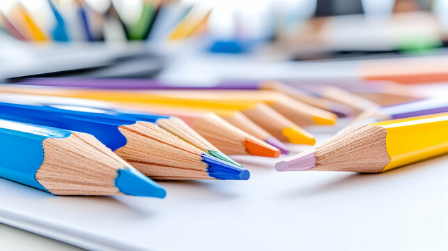 Colorful pencils on white paper, shallow depth of field; perfect for stationery ads or education-themed designs