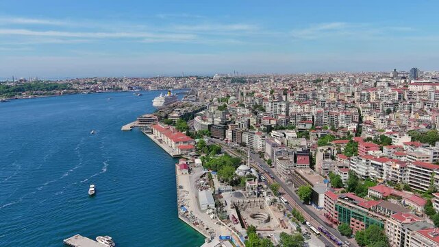 Istanbul, Turkey: Aerial view of famous Turkish city straddling Bosphorus Strait, summer day with clear blue sky - landscape panorama of Europe / Asia from above
