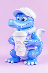 Cool Gator Sipping Coffee Studio Shot, Pastel Background, Cute Toy Advertisement