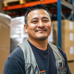 Obraz premium Asian male warehouse worker smiling in industrial setting