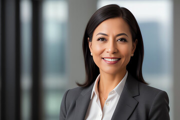 A high-resolution portrait of a confident, smiling professional woman in business attire against a soft, gradient background, conveying modern corporate diversity and empowerment