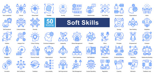 Soft Skills icon set in blue color style, featuring 50 icons of communication, leadership, adaptability, and teamwork. Perfect for HR, personal development, and career growth.