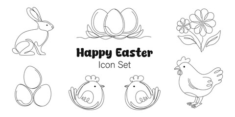Set of Easter icons in form of hens, chickens, eggs, bunny and flowers drawn in artline style on white background. Elements for design on theme Happy Easter.Set of Easter stickers with animals, birds.