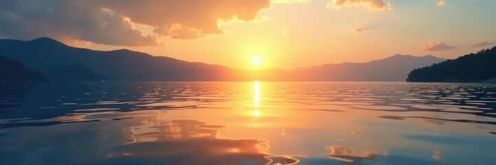 Naklejka premium gradient silver light reflections on lake surface at sunrise, aquatic environment, serene landscape