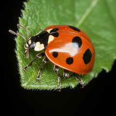 Macro shot of a vibrant ladybug resting on a green leaf with a black background