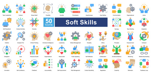 Soft Skills icon set in flat style, featuring 50 icons of communication, leadership, adaptability, and teamwork. Perfect for HR, personal development, and career growth.