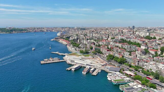 Istanbul, Turkey: Aerial view of famous Turkish city straddling Bosphorus Strait, summer day with clear blue sky - landscape panorama of Europe / Asia from above
