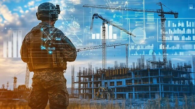 Military personnel overseeing construction project, futuristic overlay, potential use for tech advancement in construction