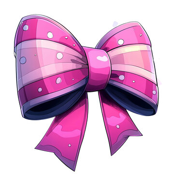 A large pink bow with shiny highlights, a striped pattern, and decorative