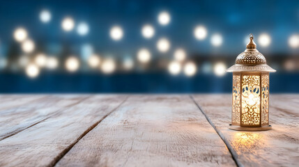 Illuminated Ramadan lantern on wooden table, bokeh city lights background, ideal for festive greeting cards or religious celebrations