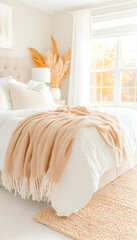 Cozy bedroom scene, bed with throw blanket, window view, neutral color scheme, home decor inspiration