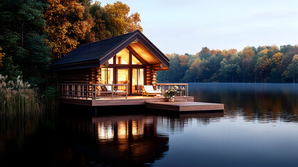 Obraz premium Cozy cabin sitting on a lake with trees in the autumn season, ideal for promoting a relaxing getaway