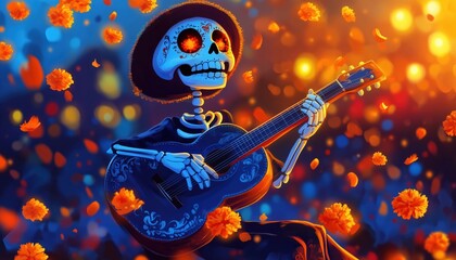 Obraz premium Cute Skeleton Playing Guitar At Night With Marigold Petals Falling Around In Day Of The Dead Or Dia De Muertos Celebration