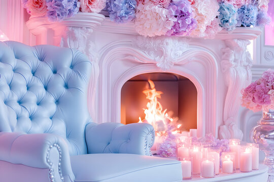 Cozy pastel armchair by fireplace, floral d?cor, romantic ambiance; ideal for wedding or event promotion
