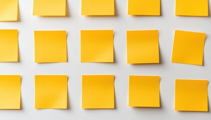 Yellow Sticky Notes On White Background For Business Discusssions, Teamwork, And Brainstorming. Paper With Shadow And Ample Copy Space Available.