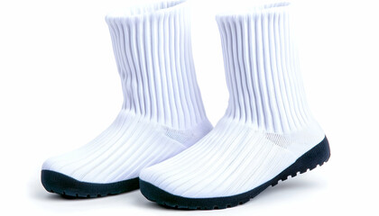 Cozy white knit booties on white background; perfect for indoor comfort