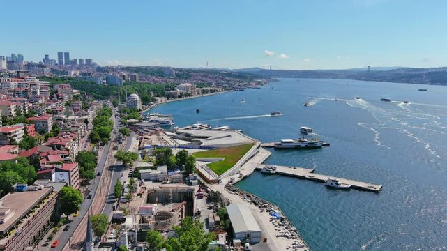 Istanbul, Turkey: Aerial view of famous Turkish city straddling Bosphorus Strait, summer day with clear blue sky - landscape panorama of Europe / Asia from above
