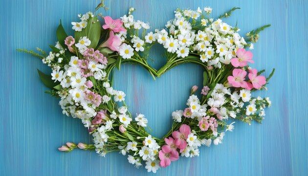Beautiful Floral Spring And Summer Arrangement: Heart-Shaped Wreath With White And Pink Flowers On Blue Wooden Table. Top View With Copy Space.