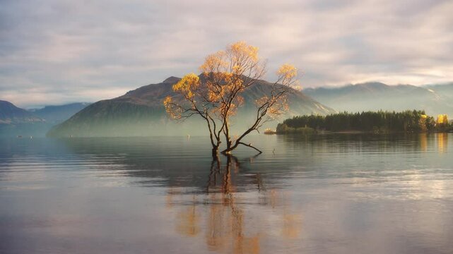 Lonely Willow Tree with golden leaves glowing and reflect on Lake Wanaka during autumn at New Zealand