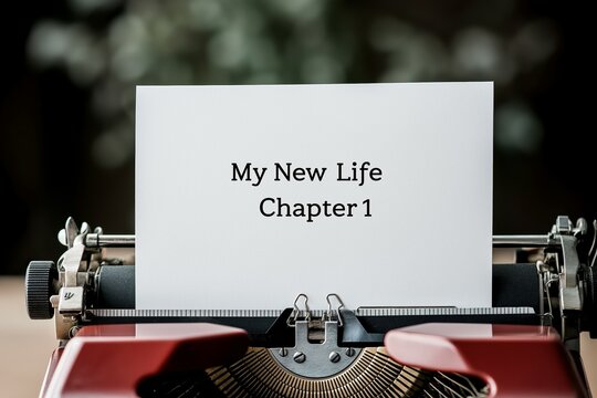 Typewriter with "My new life chapter 1" page inserted in retro setting
