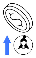 Upward-pointing arrow under coin with female profile icon. Represents wealth growth, financial success, career advancement. Ideal for economics, investment, progress, savings, planning