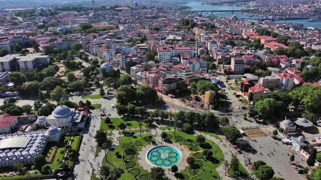 Istanbul, Turkey: Aerial view of famous Turkish city straddling Bosphorus Strait, summer day with clear blue sky - landscape panorama of Europe / Asia from above
