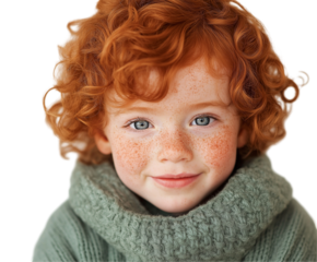 portrait of a girl with a funny face. An adorable scottish kid with ginger curly hair and freckles.
