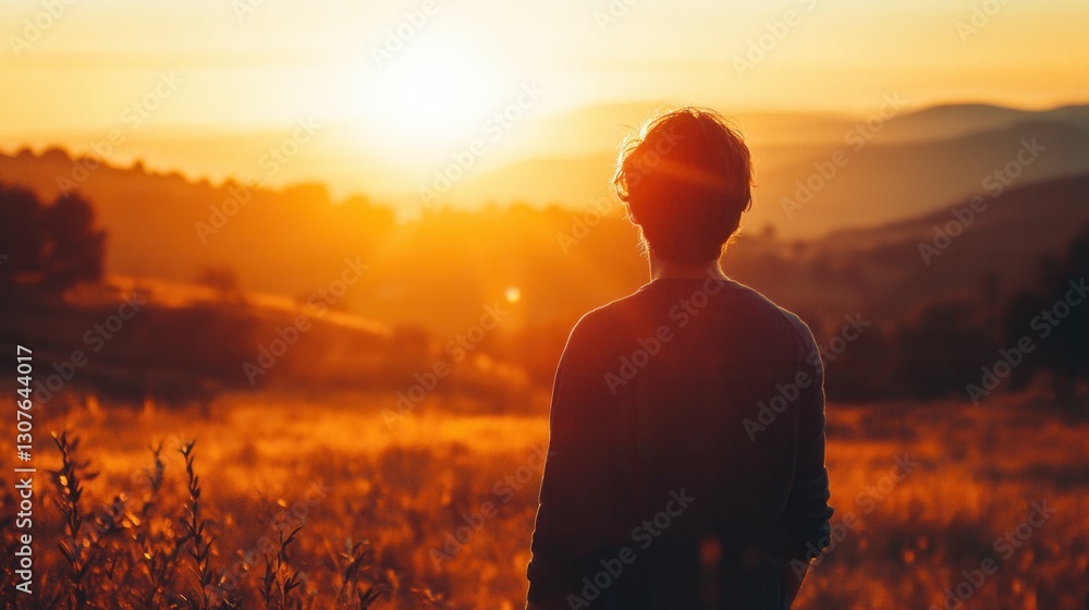 Poster Sunset view over hills with a silhouette of a person contemplating nature in the evening light Generative AI