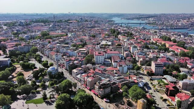 Istanbul, Turkey: Aerial view of famous Turkish city straddling Bosphorus Strait, summer day with clear blue sky - landscape panorama of Europe / Asia from above
